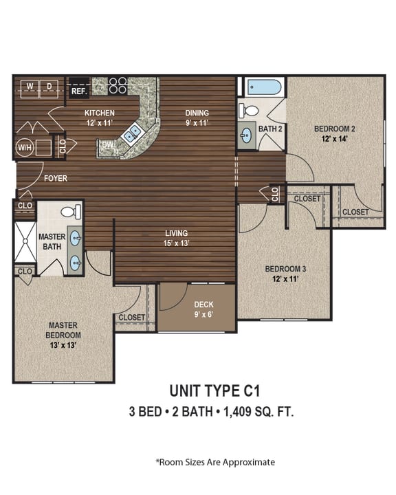 C1 1,409 Sq.Ft. Floor Plan at Ascent at Mallard Creek Apartment Homes, Charlotte, NC, 28262